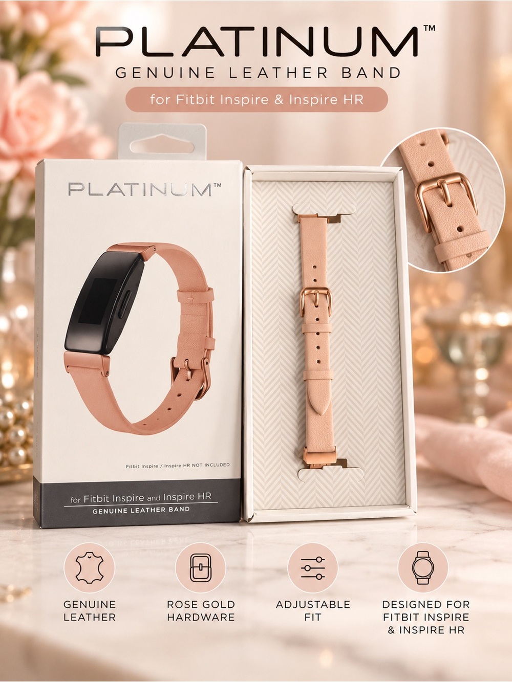 Platinum Genuine Leather Fitbit Inspire Band Pink